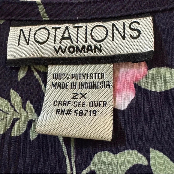 Notations 2X Shirt Top Navy Blue Floral Flower Button Up Short Sleeve V Neck - Picture 5 of 6
